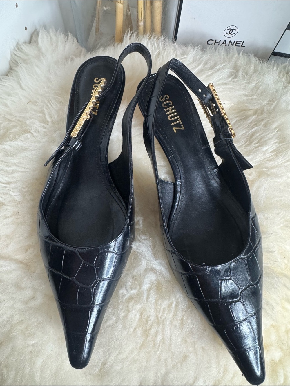 SCHUTZ Black Croc-Embossed Pointed Slingback Mules with Gold Accent